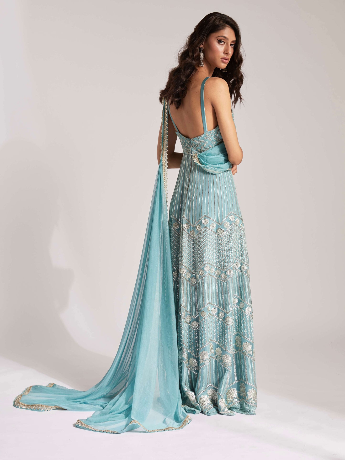 The Anjali Anarkali features metallic layered embroidery and is paired with an attached dupatta (so you can't lose or trip on it).