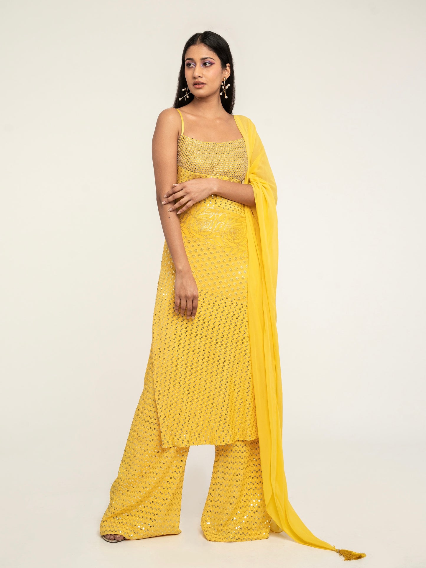 The Harleen Palazzo Set consists of a dress, palazzo pants, and a skinny dupatta. It is a patchwork design featuring 4 unique, embroidered fabrics.