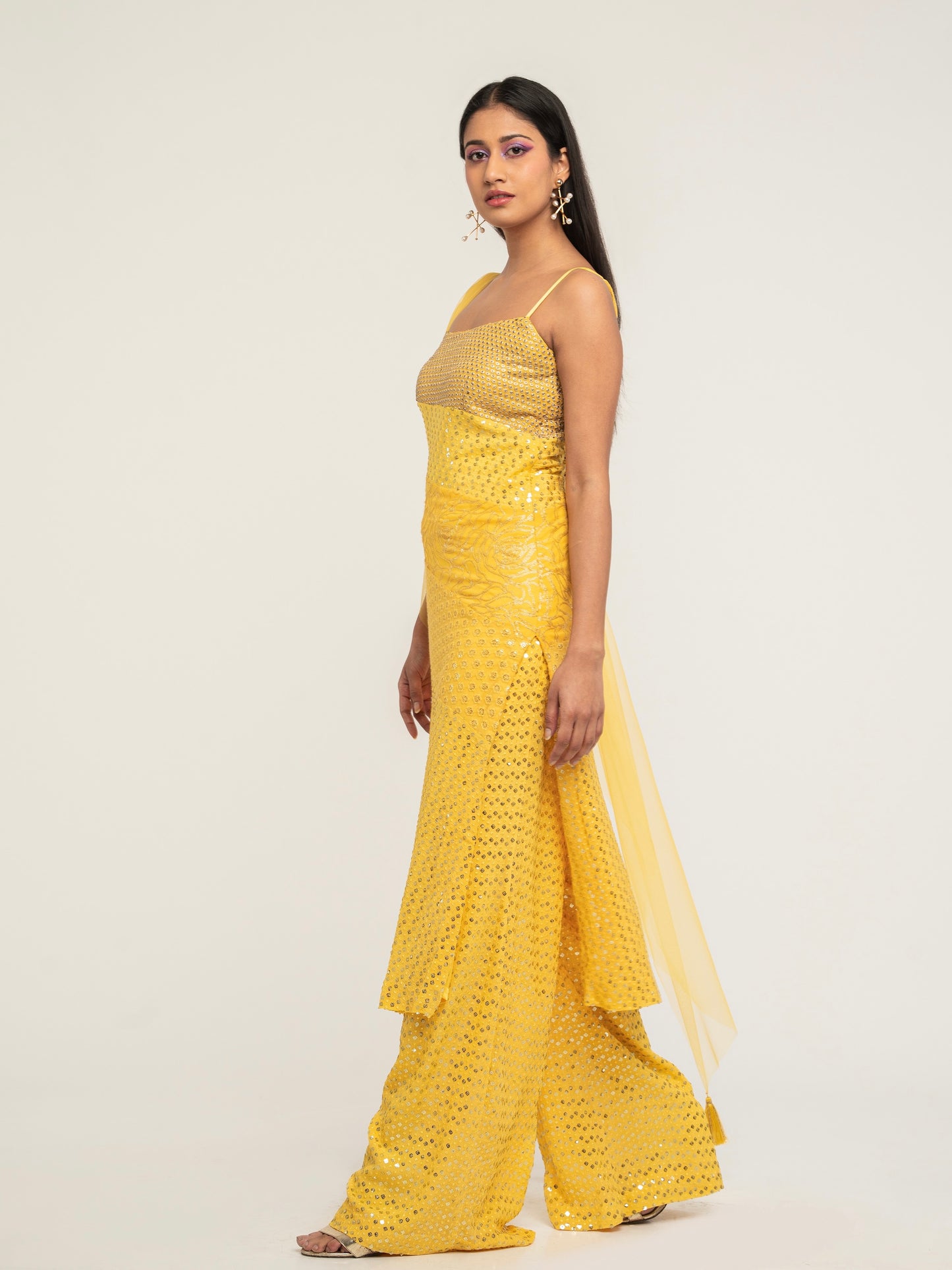 The Harleen Palazzo Set consists of a dress, palazzo pants, and a skinny dupatta. It is a patchwork design featuring 4 unique, embroidered fabrics.