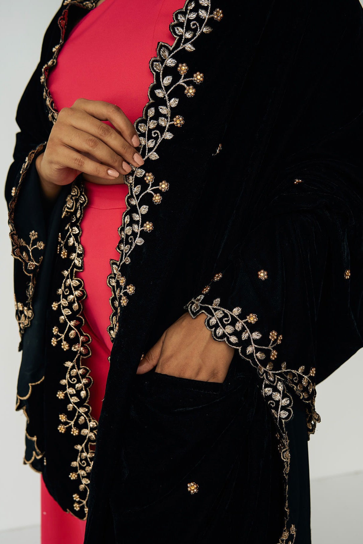 Black velvet embroidered shawl.
