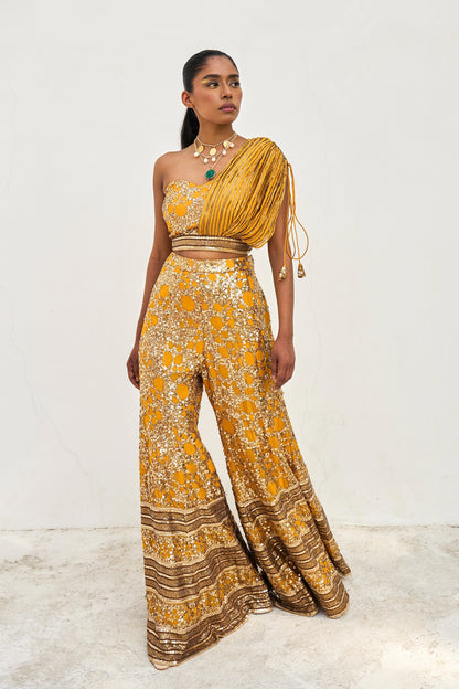 The sequined Tanvi Palazzo Set consists of a one-shoulder adjustable top and flared palazzo pants.