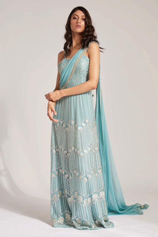 The Anjali Anarkali features metallic layered embroidery and is paired with an attached dupatta (so you can't lose or trip on it).