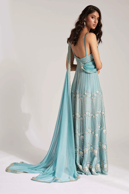 The Anjali Anarkali features metallic layered embroidery and is paired with an attached dupatta (so you can't lose or trip on it).