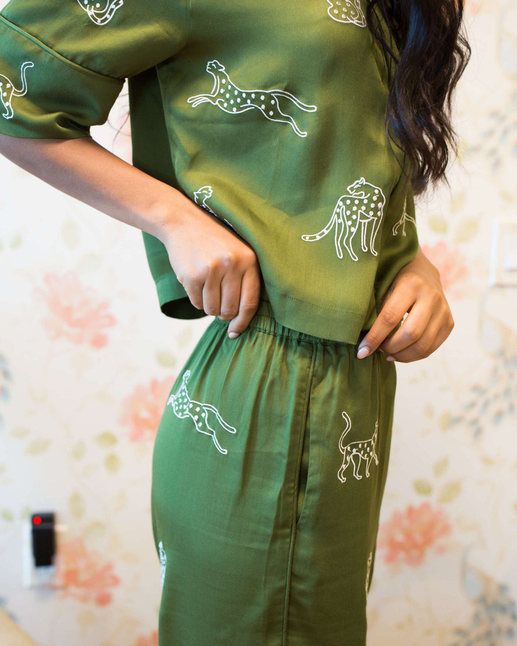 Green leopard embroidery pant and top pajama or loungewear set