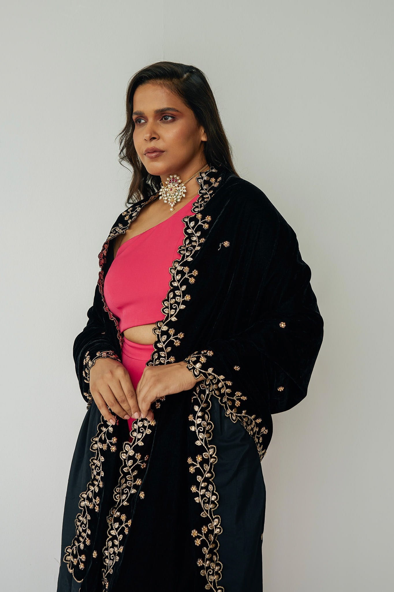 Black velvet embroidered shawl.