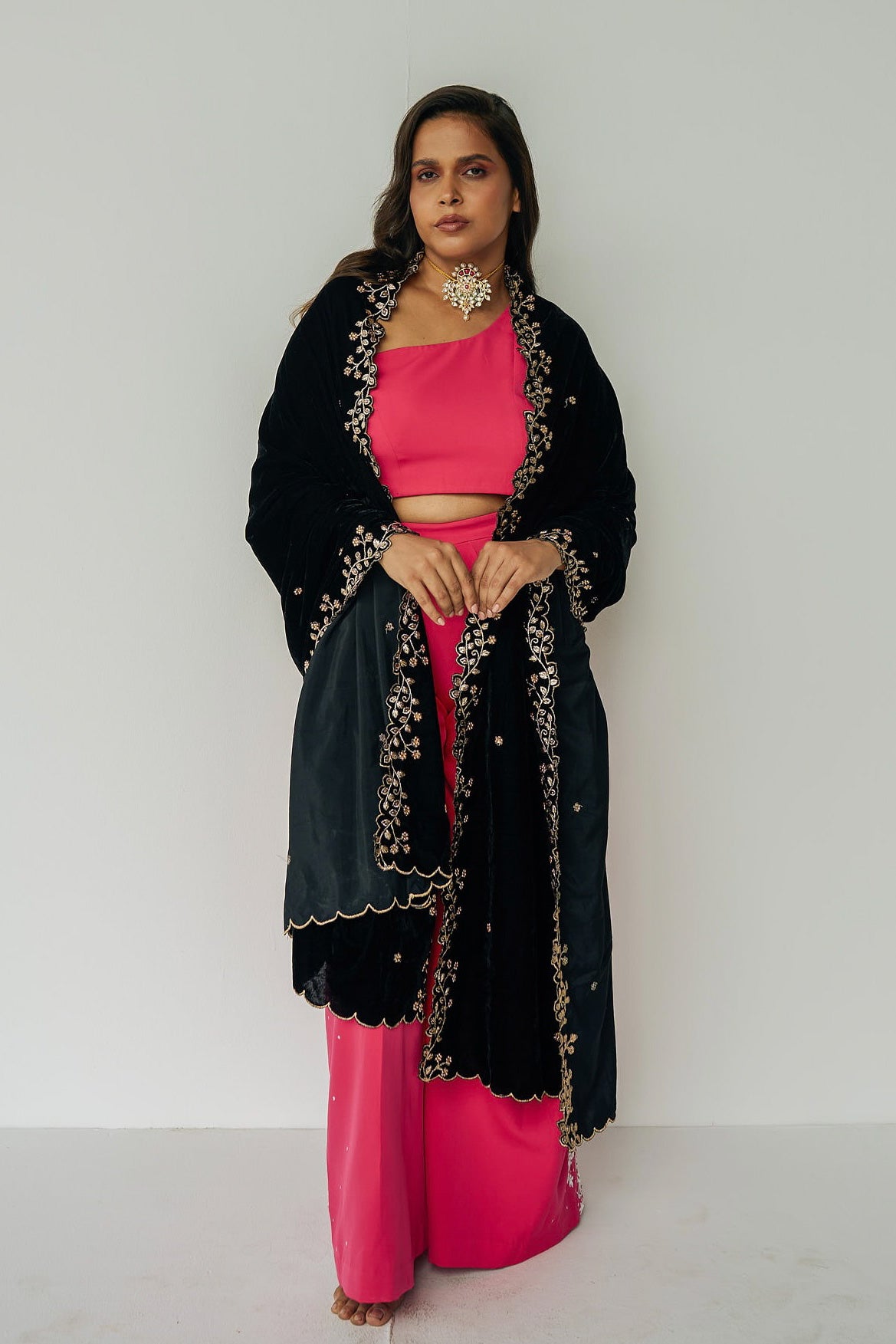 Black velvet embroidered shawl.