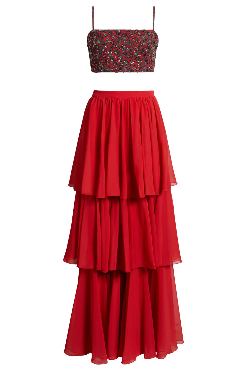 The Mirza Outfit includes a fully hand-beaded blouse with adjustable straps, tiered flared pants that add movement, and a sheer organza cape you’ll want to wear long after the event.