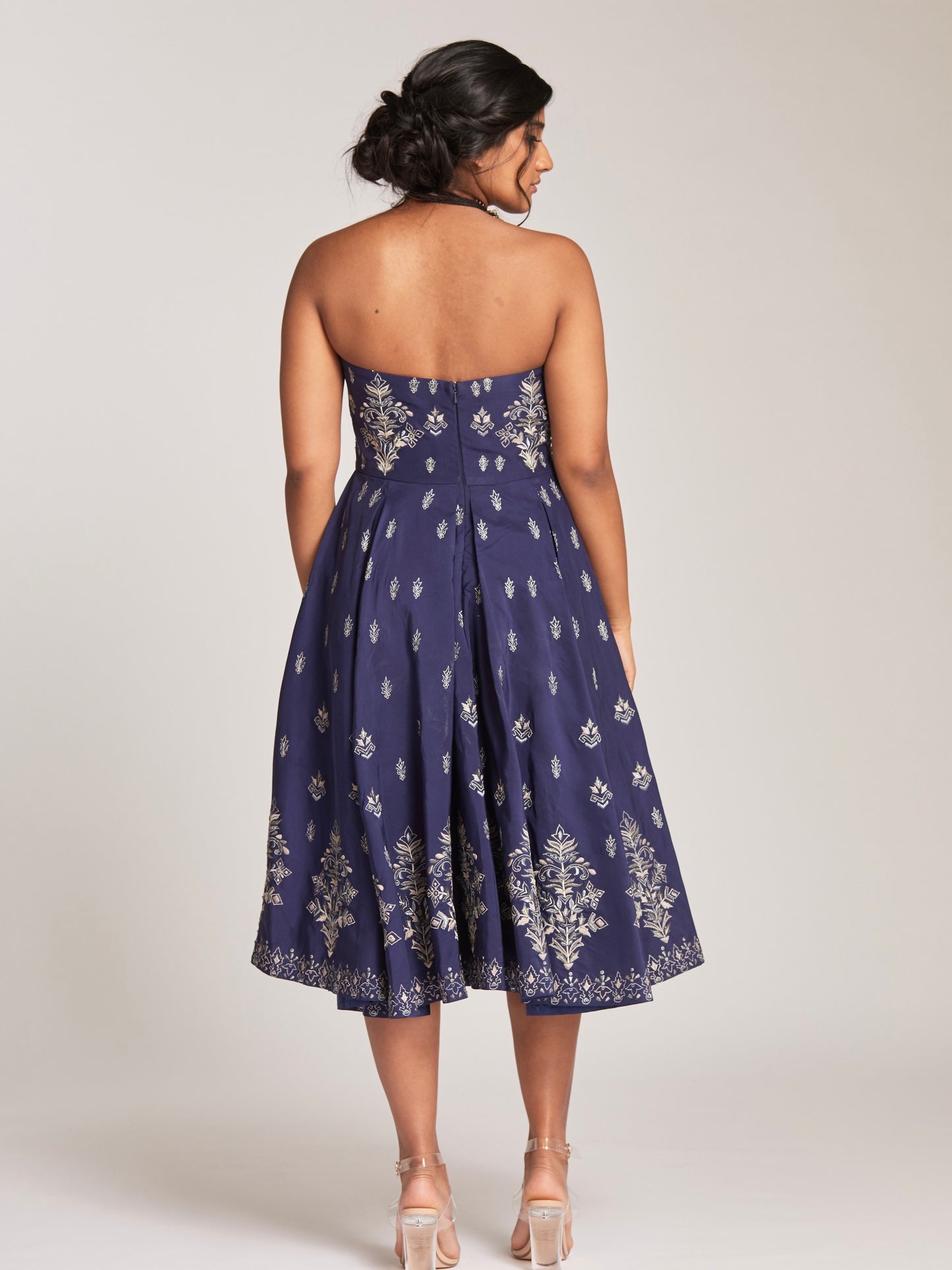 Blue tea length dress with zari embroidery