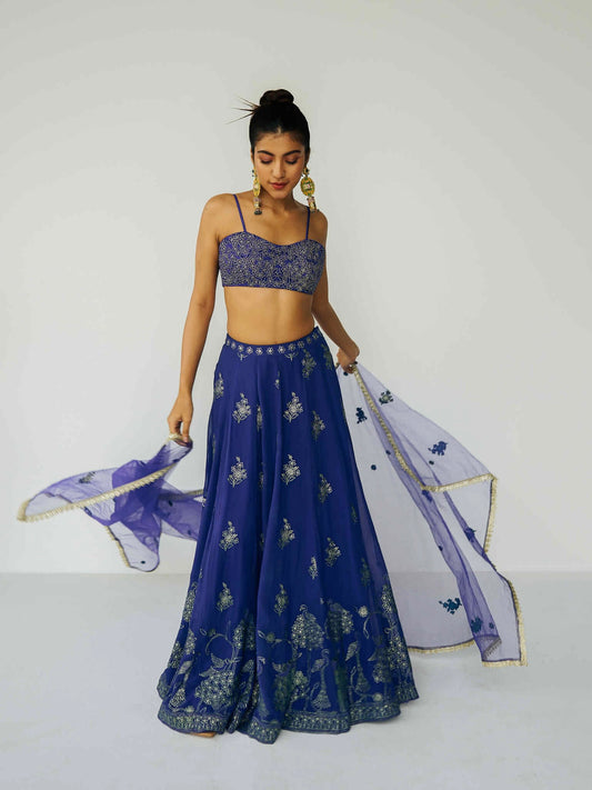 A woman wearing a bright blue embroidered top and skirt with embroidered dupatta.