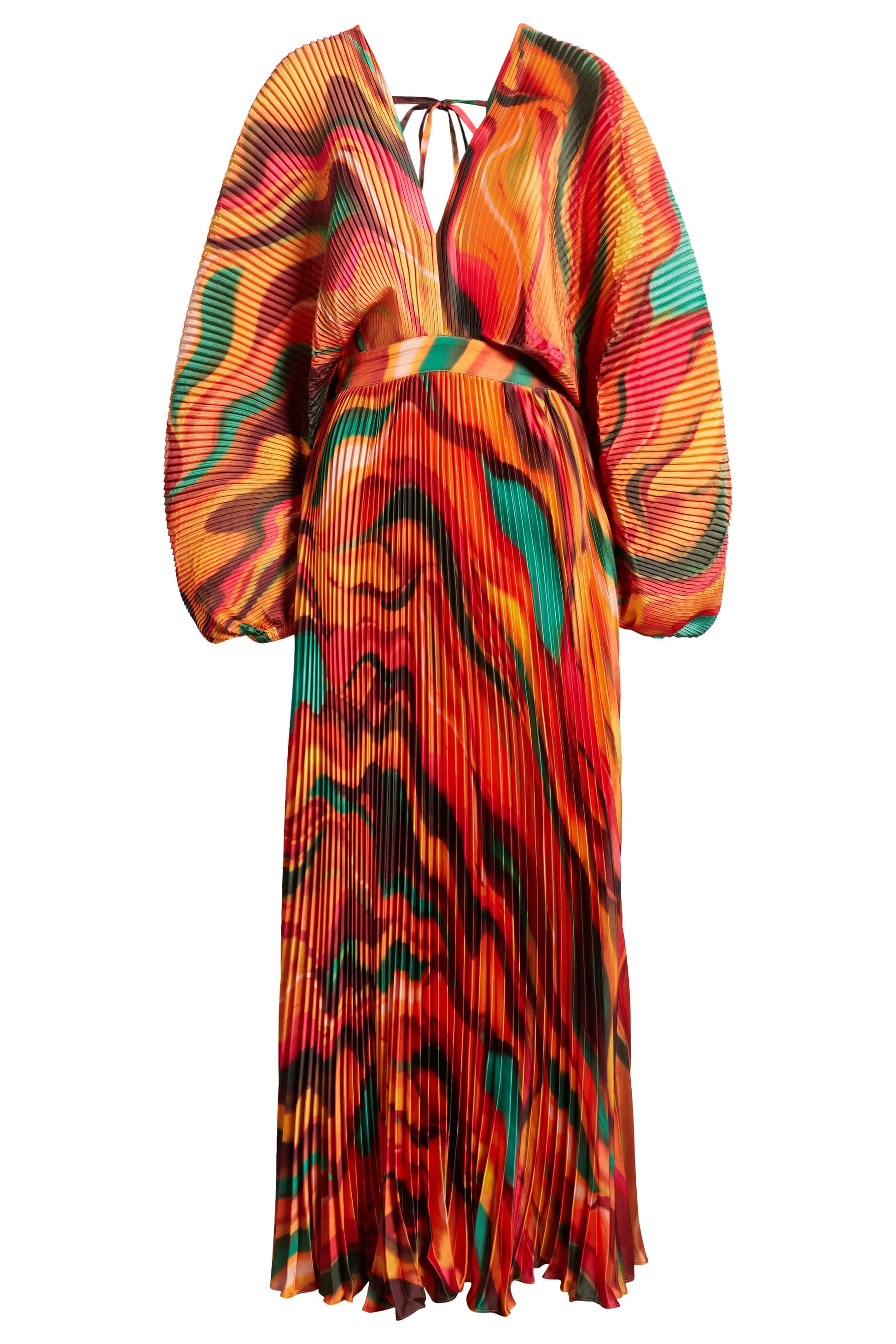 The Sia Dress features a bold abstract print on pleated fabric. Designed with a flattering V-neck, fitted waist, and flowing silhouette, it includes long sleeves, a tie closure at the back, and pockets. Whether you're attending a wedding or heading on a colorful getaway, this dress is an easy statement piece.