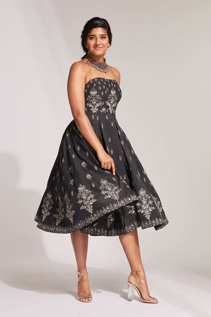 Black tea length dress with zari embroidery