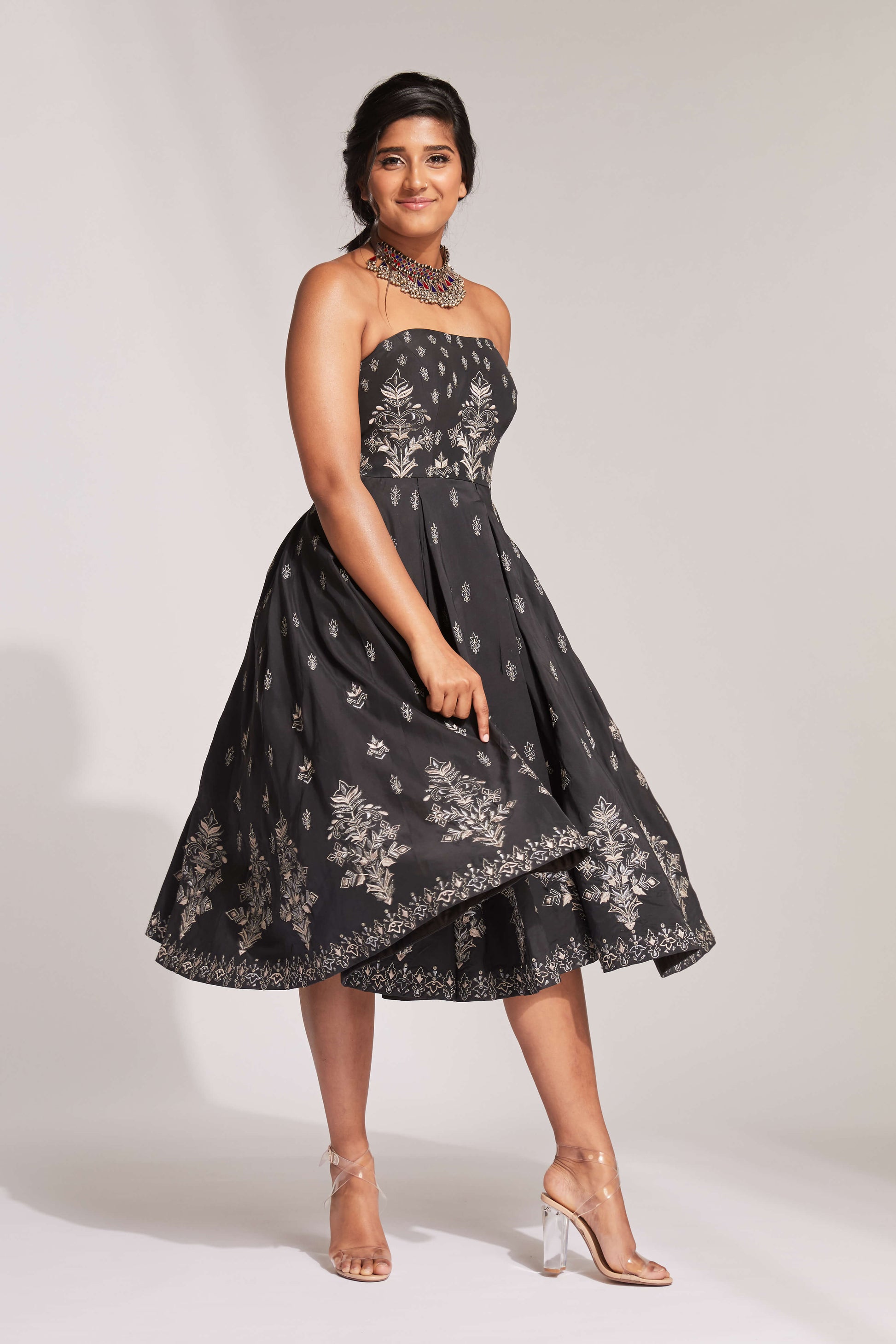Blue tea length dress with zari embroidery