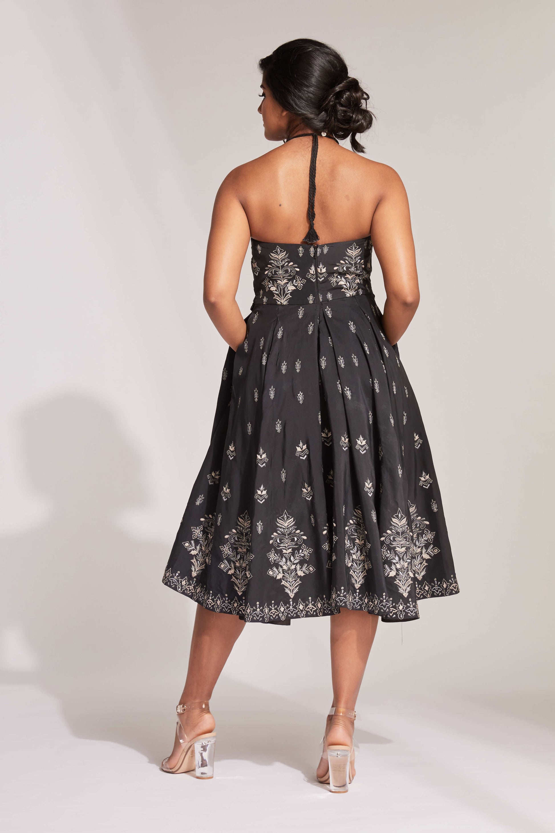 Blue tea length dress with zari embroidery