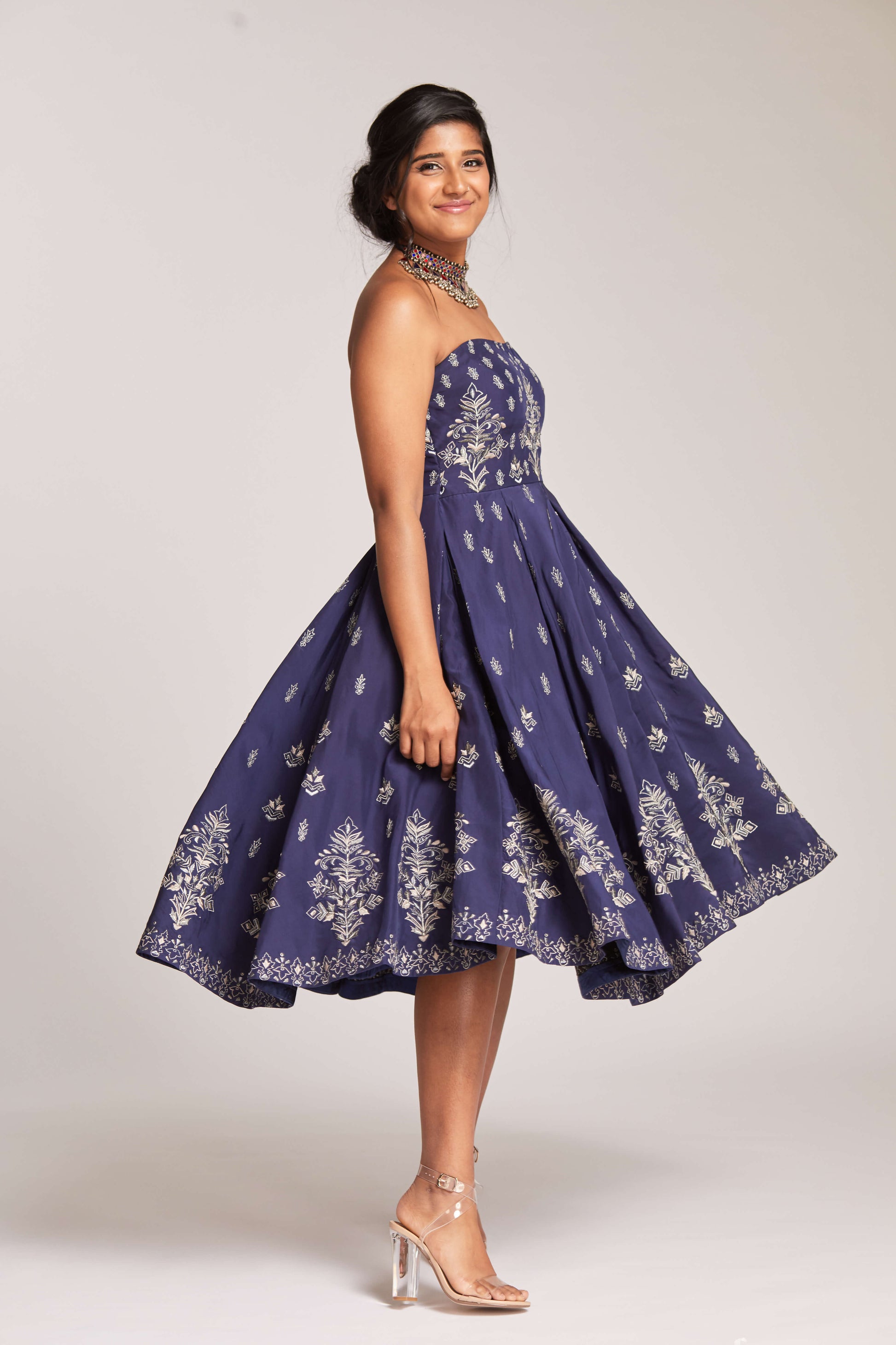 Blue tea length dress with zari embroidery 