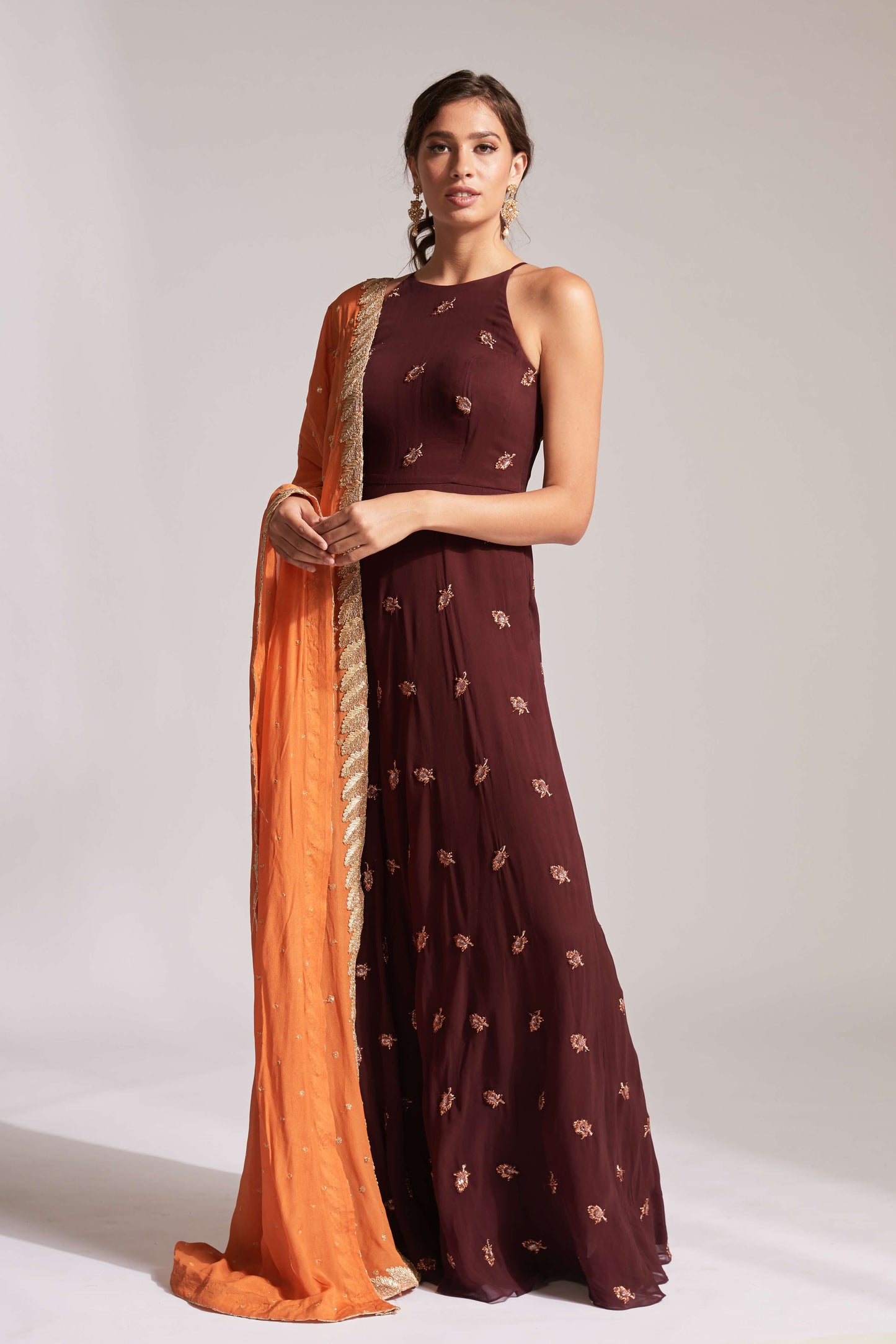 Burgundy anarkali with pockets and dupatta