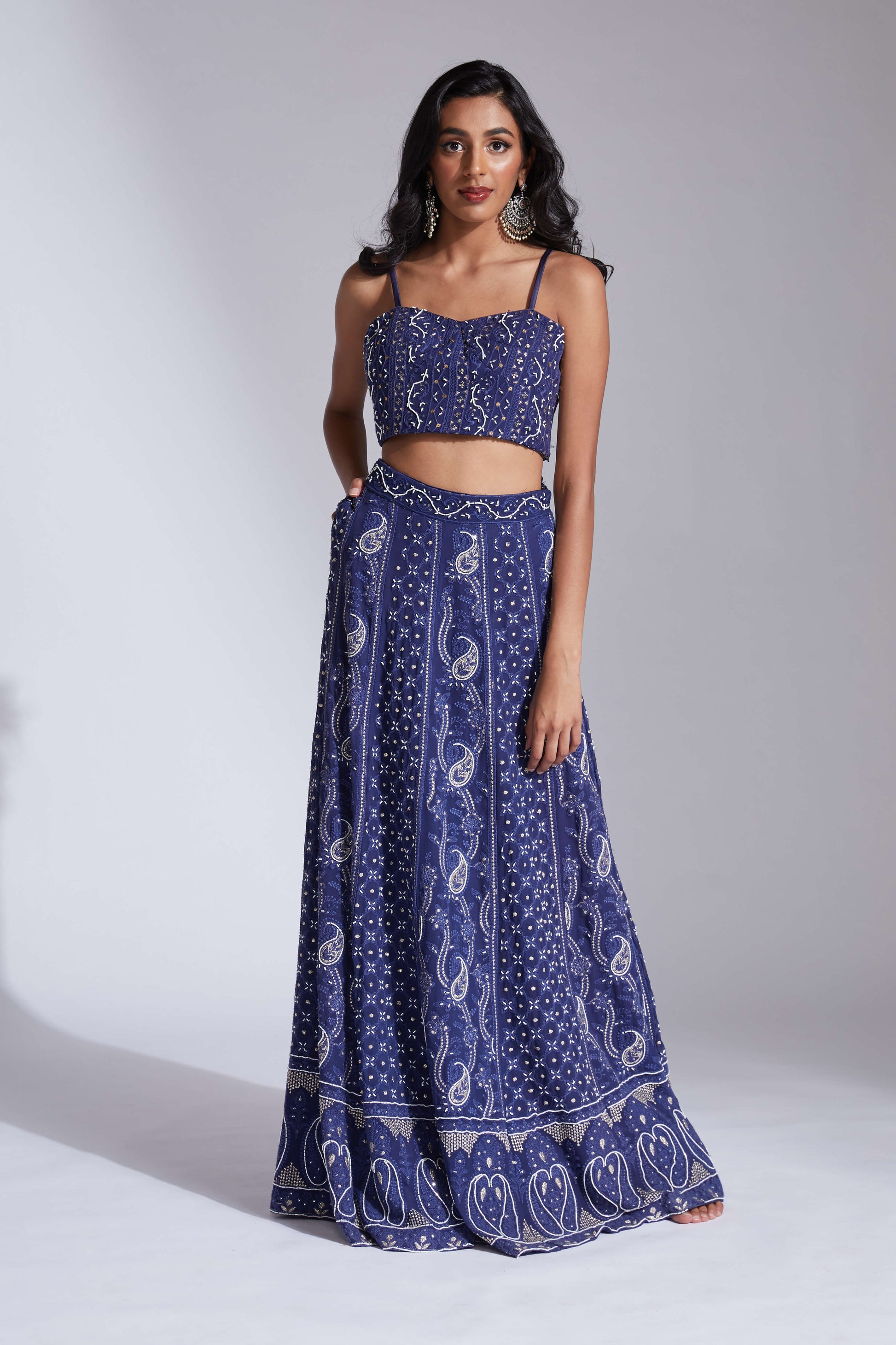 Lucknowi/chikankari blue lehenga with cutdana highlights and scallop dupatta