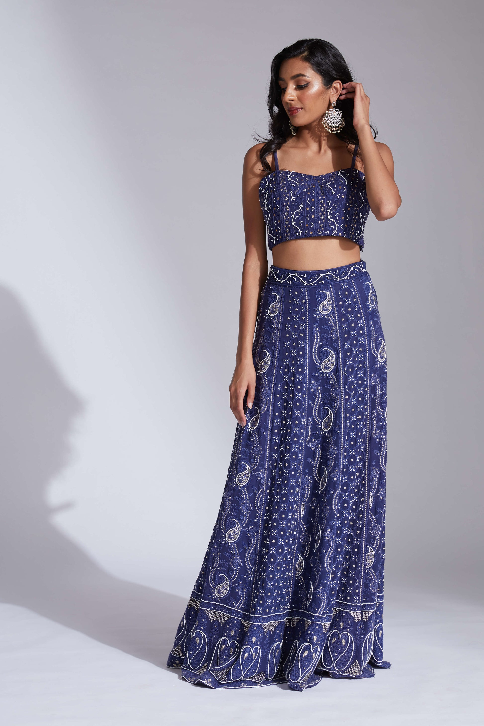 Lucknowi/chikankari blue lehenga with cutdana highlights and scallop dupatta