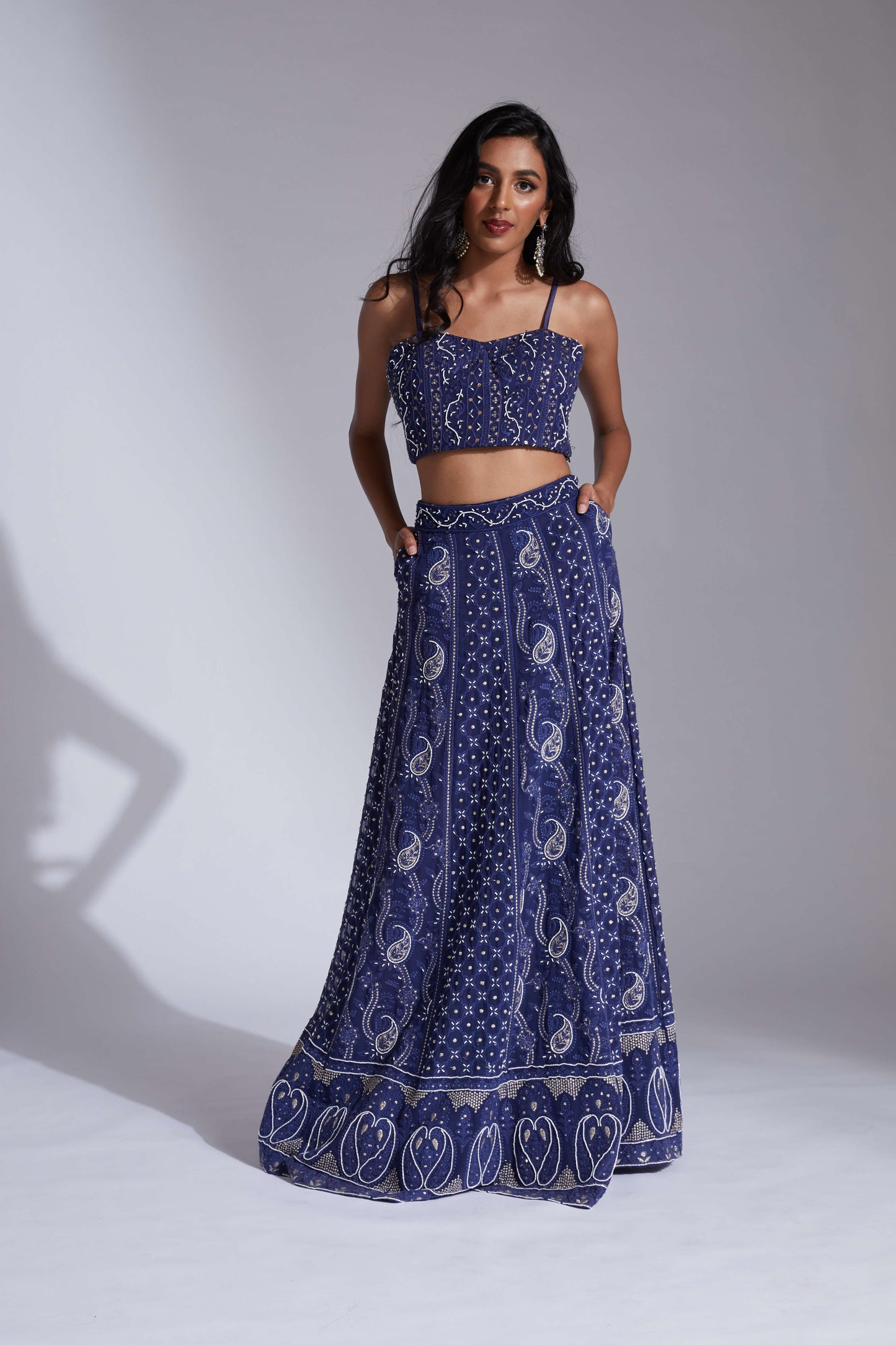 Lucknowi/chikankari blue lehenga with cutdana highlights and scallop dupatta